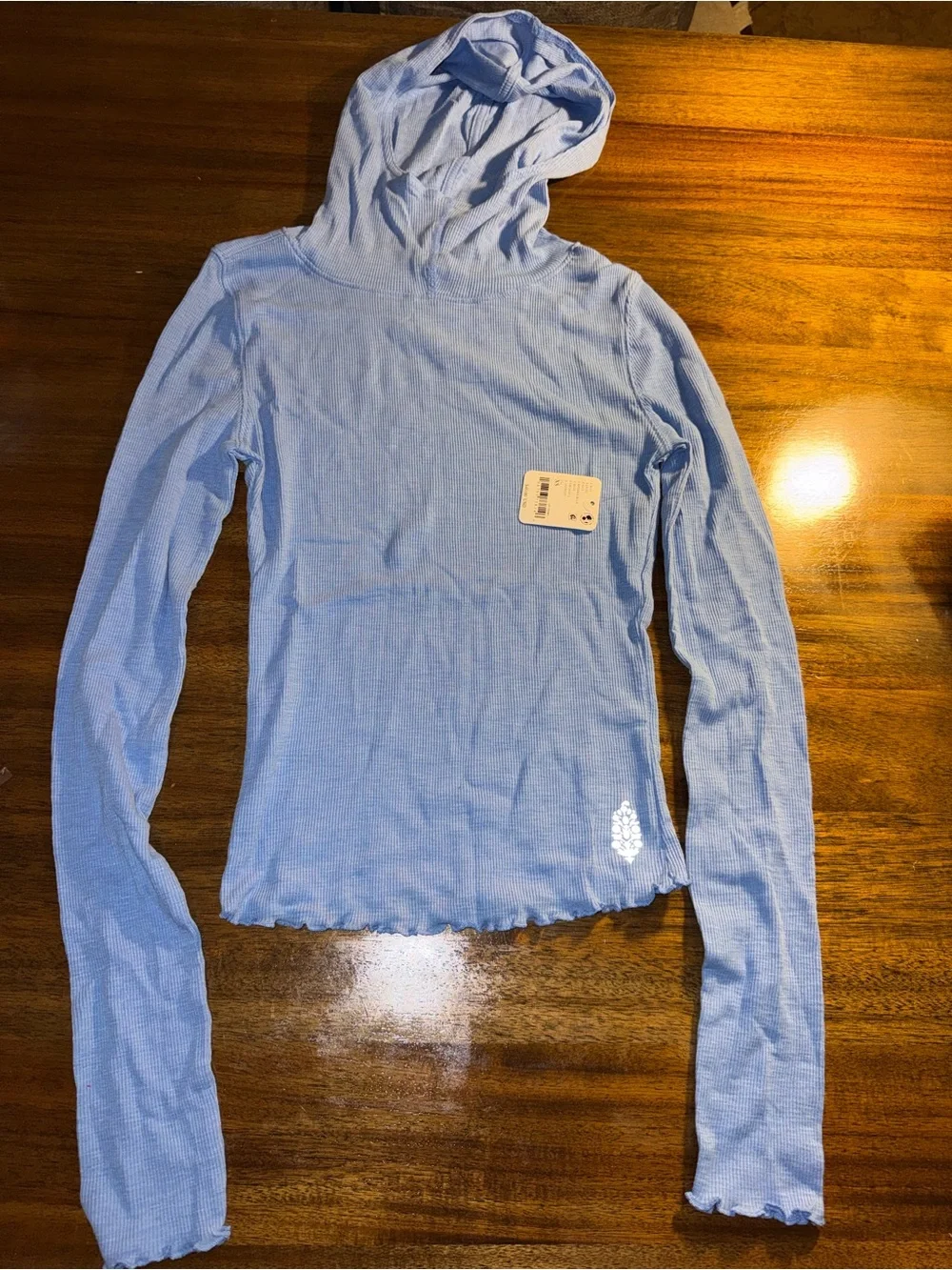 Free People Blue Breathe Easy Layered top Ribbed Long-Sleeve hooded cotton blend